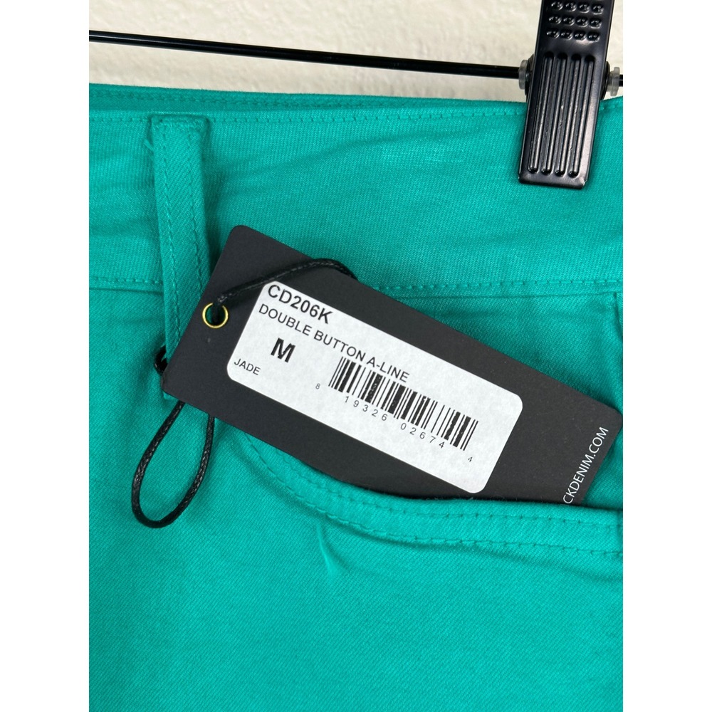Just Black Denim Jade Green A-Line Mini Skirt M Double Button Raw Hem NWT - Picture 3 of 9